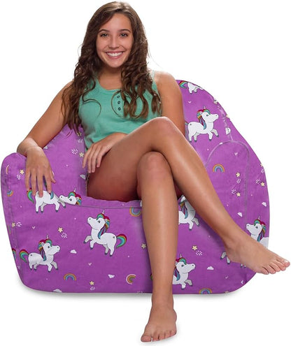 Posh Creations Structured Comfy Bean Bag Chair for Gaming, Reading, and Watching TV, Malibu Lounge, Canvas - Unicorn and Rainbows on Purple