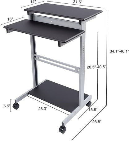 S STAND UP DESK STORE Rolling Adjustable Height Two Tier Standing Desk Computer Workstation (Silver Frame/Black Top, 32 Wide)