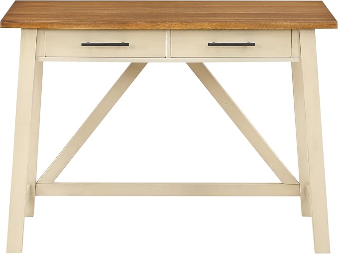 OSP Home Furnishings Milford Rustic 42 Inch Writing Desk with 2 Drawers and Burnished Decorative Hardware, Antique White