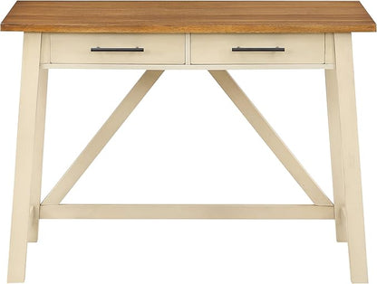 OSP Home Furnishings Milford Rustic 42 Inch Writing Desk with 2 Drawers and Burnished Decorative Hardware, Antique White