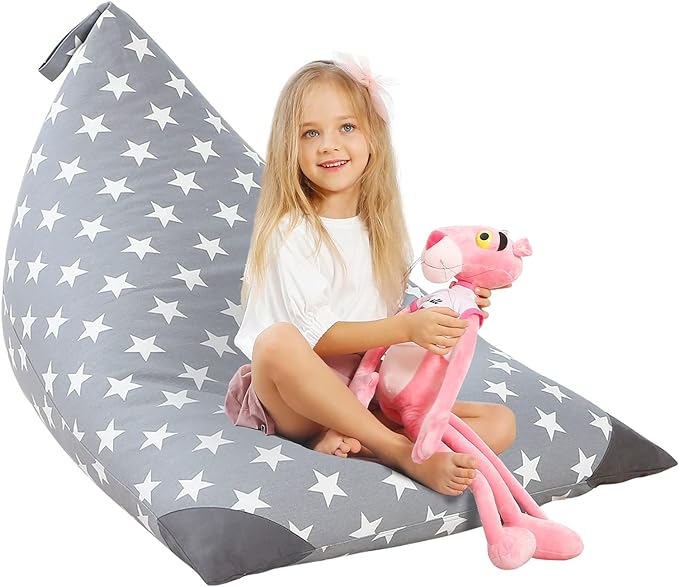 Aubliss Stuffed Animal Storage Bean Bag Chairs Cover, 50"x 35" Extra Large Bean Bags Chair for Kids & Adults, Beanbag Toy Storage for Boys Girls - Premium Cotton Canvas Grey Star