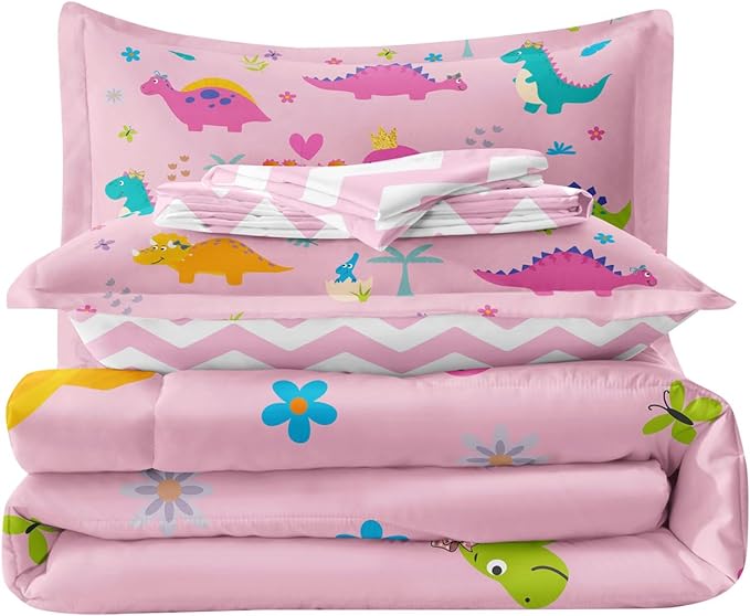 Girls Dinosaur Bedding Twin Green Pink Dinosaur Comforter Set, Cute Cartoon Down Comforter for Little Girls Teens Kids Adults Room Decor, Reversible Bed-in-a-Bag 5-Piece Bed Sets