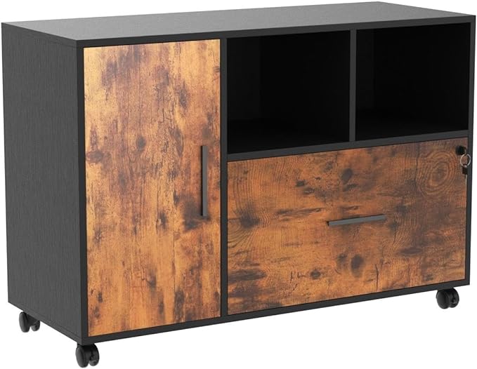 DEVAISE Lateral File Cabinet with Lock, 1-Drawer Rolling File Cabinets on Wheels for Home Office, Wood Printer Stand with Open Storage Shelf, Rustic Brown