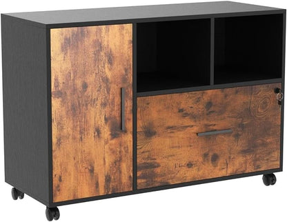 DEVAISE Lateral File Cabinet with Lock, 1-Drawer Rolling File Cabinets on Wheels for Home Office, Wood Printer Stand with Open Storage Shelf, Rustic Brown