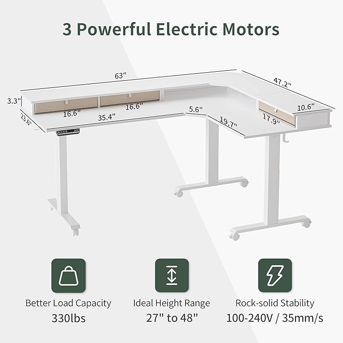 FEZIBO Triple Motor 63" L Shaped Standing Desk with 3 Drawers, Electric Standing Gaming Desk Adjustable Height, Corner Stand up Desk with Splice Board, White Frame/White Top