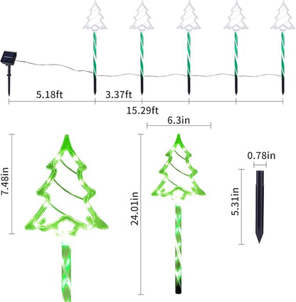 Solar Christmas Pathway Lights Outdoor Decorations, 8 Modes Xmas Tree Candy Lights Waterproof Led Garden Stake Lights for Walkway Yard Lawn Porch Holiday Decor 5-Pack (Green Xmas Tree Lights)