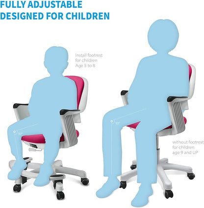 Kids Desk Chair: Ergonomic Kids Computer Chair | Adjustable Kids Office Chair with Wheels & Arms | Study Chair for Girls and Boys - Kids Chair Desk with Wheel Covers (Rosie Pink)
