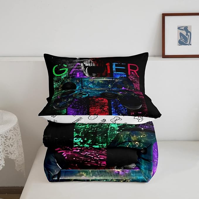 Gamer Bedding Sets for Boys, Gaming Down Comforter Queen Size, Gamer Room Decor Bedding Kids Video Games Comforter Set, Sugar Skull Gamepad Duvet Sets for Men Bedroom,with 2 Marble Pillow Sham