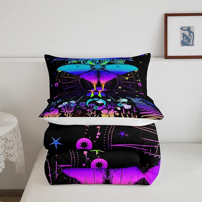 Erosebridal Moth Comforter Set King Hippie Psychedelic Sun and Moon Bedding Set,Purple Blue Ombre Galaxy Floral Botanical Comforter for Girls Teens Women Stars Planet Quilt Duvet 2 Pillowcases