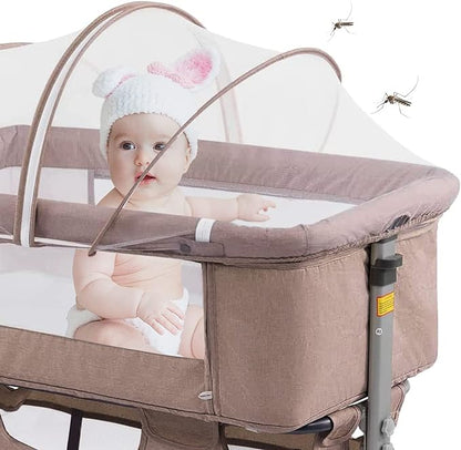 3in1 Bedside Crib for Girl or Boy, Bedside Sleeper for Baby Portable and Adjustable Crib with Mosquito net for Newborn Baby,Deep Khaki