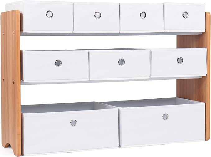 Humble Crew Kids Toy Organizer with 9 Collapsible Fabric Storage, Natural Wood and White Bins
