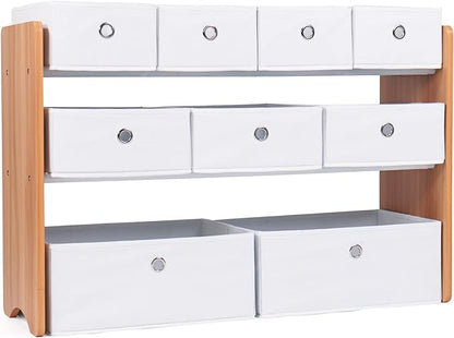 Humble Crew Kids Toy Organizer with 9 Collapsible Fabric Storage, Natural Wood and White Bins