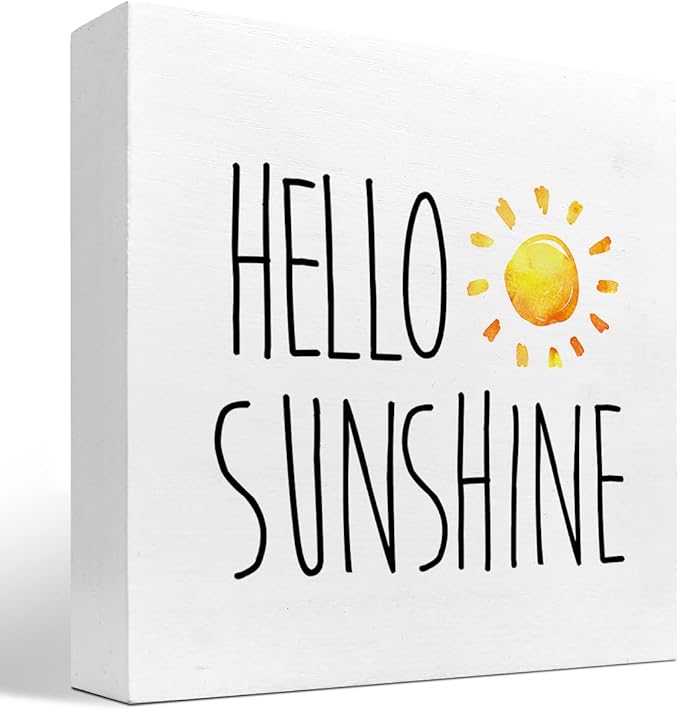 Hello Sunshine Wood Box Sign Decor Desk Sign,Farmhouse Rustic Summer Sunshine Wooden Box Block Sign for Home Office Shelf Table Decor Decorations