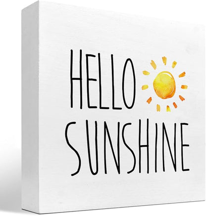 Hello Sunshine Wood Box Sign Decor Desk Sign,Farmhouse Rustic Summer Sunshine Wooden Box Block Sign for Home Office Shelf Table Decor Decorations