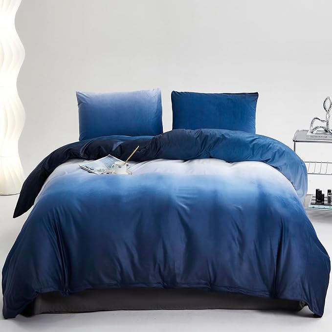 Blue White Gradient Comforter Set Full Blue Velvet Bedding Comforter Modern Plain White and Royal Blue Gradient Soft Quilt Farmhouse Flannel Comforter Warm Full Bed Comforter