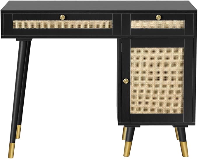 Anmytek Rattan Vanity Desk with Drawers and Storage, Black Makeup Vanity Table Modern Home Office Desk Computer Desk for Study D0005