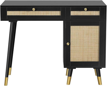 Anmytek Rattan Vanity Desk with Drawers and Storage, Black Makeup Vanity Table Modern Home Office Desk Computer Desk for Study D0005