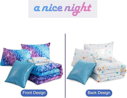 A Nice Night 6Pcs Gradient Abstract Art Grid Mosaic Geometric Bedding Set for Girls, Colorful Rainbow Galaxy Comforter Set, Ultra Soft Bedding Sets (PinkBlue,Twin 6Pcs)