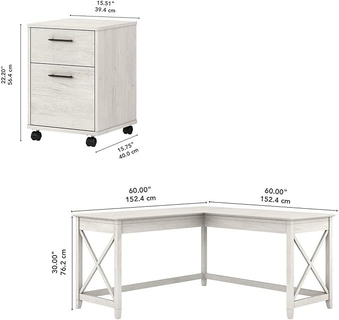 Bush Furniture Key West 60W L Shaped Desk with 2 Drawer Mobile File Cabinet in Linen White Oak
