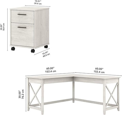 Bush Furniture Key West 60W L Shaped Desk with 2 Drawer Mobile File Cabinet in Linen White Oak