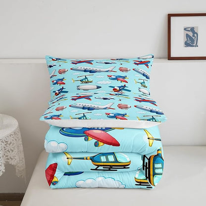 Feelyou Kids Aircraft Comforter Set Boys Cartoon Airplane Print Comforter Helicopter Flying Plane Bedding Set for Girls Travel Decor Duvet Set Cute Colorful Planes Room Decor King Size Quilt Boys
