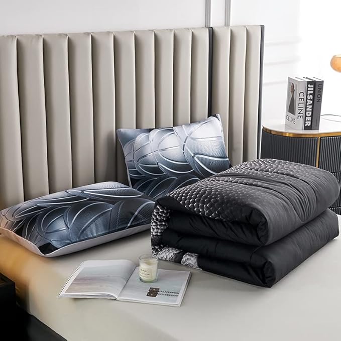 Teen Boy Comforter Set Queen,Basketball Bedding Set for Kids Boys Teens,Black and Grey Sports Comforter Queen with 2 Pillowcases,Basketball Comforter Queen Size for Boys,All Season Use