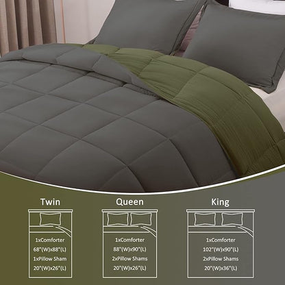 Basic Beyond King Size Comforter Set - Fluffy King Bed Comforter Set for All Seasons - Reversible Olive Green King Size Comforter Set - 3 Pieces (1 Comforter + 2 Pillow Shams) - Olive Green/Drak Gray