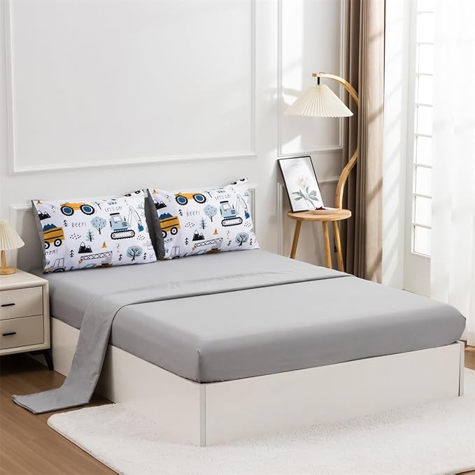 NTBED 5 Pieces Construction Truck Twin Comforter Set for Boys Kids Forest Vehicles Excavator Lightweight Microfiber Bedding Sets