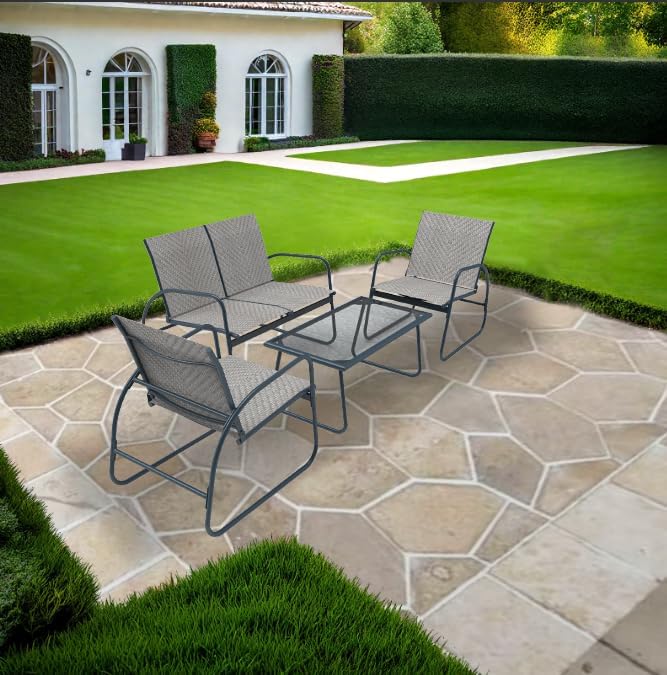 Mapleleaf 4 Pieces Rattan Patio Furniture Set, Outdoor Wicker Conversation Sofa Set, Rattan Chair and Glass Coffee Table for Yard, Pool or Backyard (Grey)