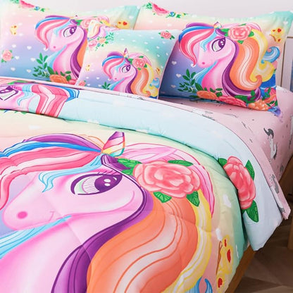 ADASMILE A & S Unicorn Comforter Set Twin with Sheets 6 Pieces Floral Pink Unicorn Bedding Set for Girls Kids Unicorn Sheets Soft Bed-in-a-Bag Comforter Reversible Bed Comforter Set for Home Decor