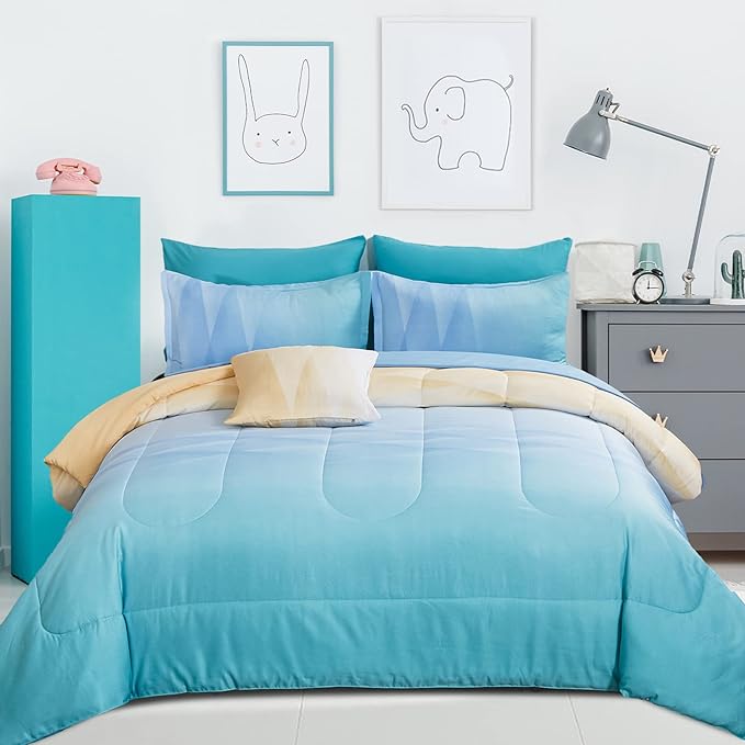 Girls Comforter Set Queen Size Colorful Ombre Blue Yellow Rainbow Bedding Set 7 Pieces Bed in A Bag for Teen Girls Women(1 Comforter, 1 Flat Sheet, 1 Fitted Sheet, 2 Pillow sham, 2 Pillowcases)
