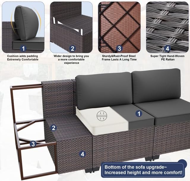 Patio Furniture Set with Fire Pit Table 8 Pieces Outdoor Sectional Furniture Outdoor Rattan Patio Conversation Sets with 43in 55,000 BTU Propane Gas Fire Pit Table Glass Table, Grey