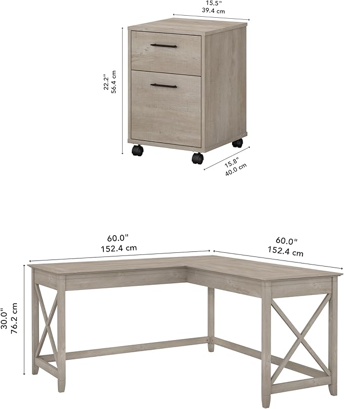 Bush Furniture Key West 60W L Shaped Desk with 2 Drawer Mobile File Cabinet in Washed Gray