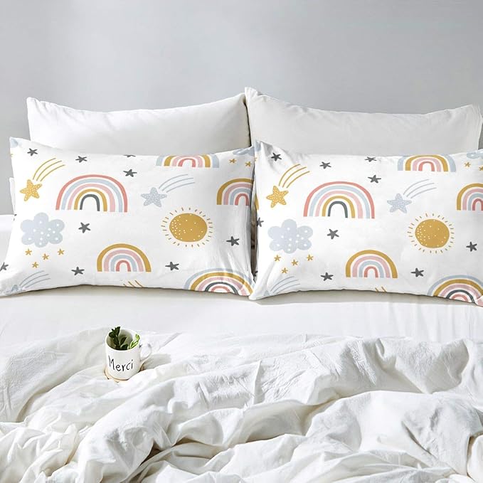 Erosebridal Girls Rainbow Bedding Set, Sun and Stars Comforter Set Twin Size for Kids Boys Children Cartoon Style Cloud Bedding Comforters Girly Soft Microfiber Duvet Insert for Bedroom Decor