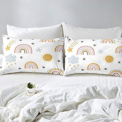 Rainbow Comforter Set for Girls, Sun and Stars Bedding Set King for Kids Boys Children Cartoon Cloud Bedding Comforters Girly Soft Microfiber Duvet Insert for Bedroom Decor, Rainbow Gifts For Kids