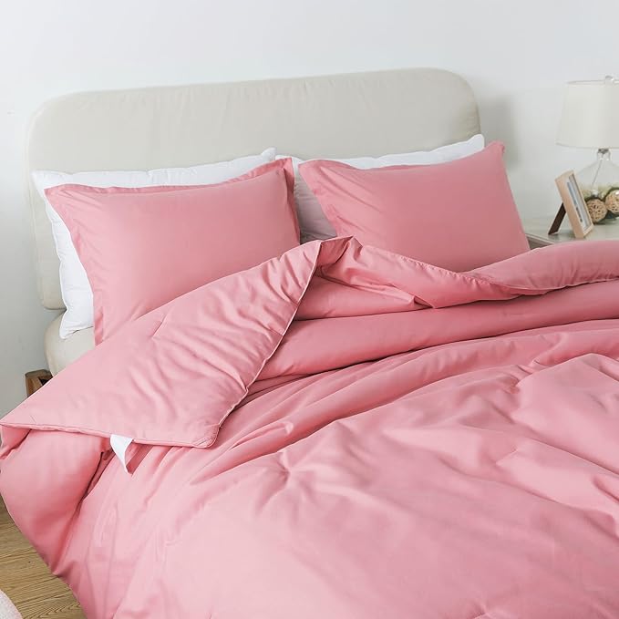 Queen Pink Comforter Set, Blush Women Girls Pink Skin-Friendly Boho Bedding Set & Collections, Breathable Fluffy Microfiber 3 PCS (90"x90") Comforter Set for All Seasons with Pillowcases