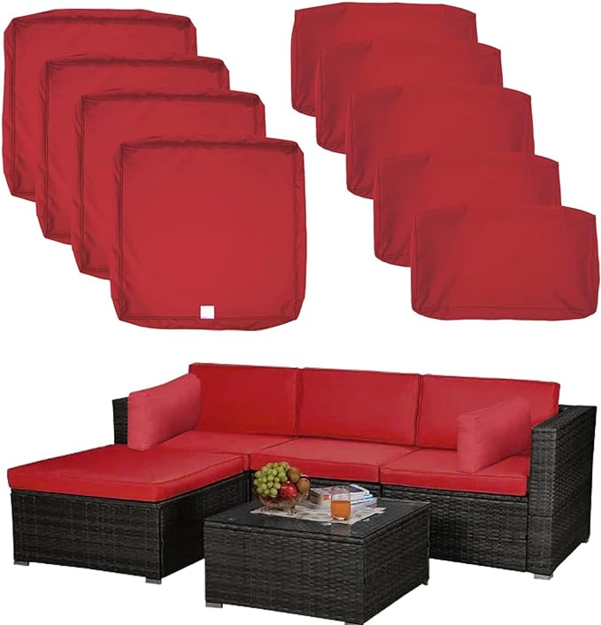 ClawsCover 9Pack Outdoor Seat and Back Cushions Replacement Covers Fit for 5 Pieces 4-Seater Wicker Rattan Patio Conversation Set Sectional Couch Furniture,Red-Include Covers Only (Large)