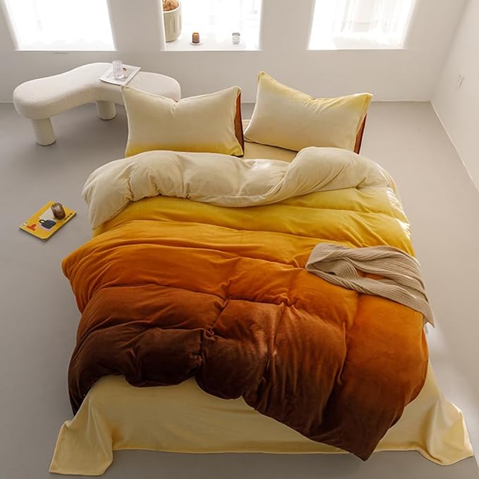 Wellboo Orange Gradient Comforter Sets King Yellow and Orange Velvet Bedding Comforters Women Modern Plain Orange Brown Flannel Quilts Farmhouse Abstract Art Orange Plush Blanket Winter Fuzzy Bed