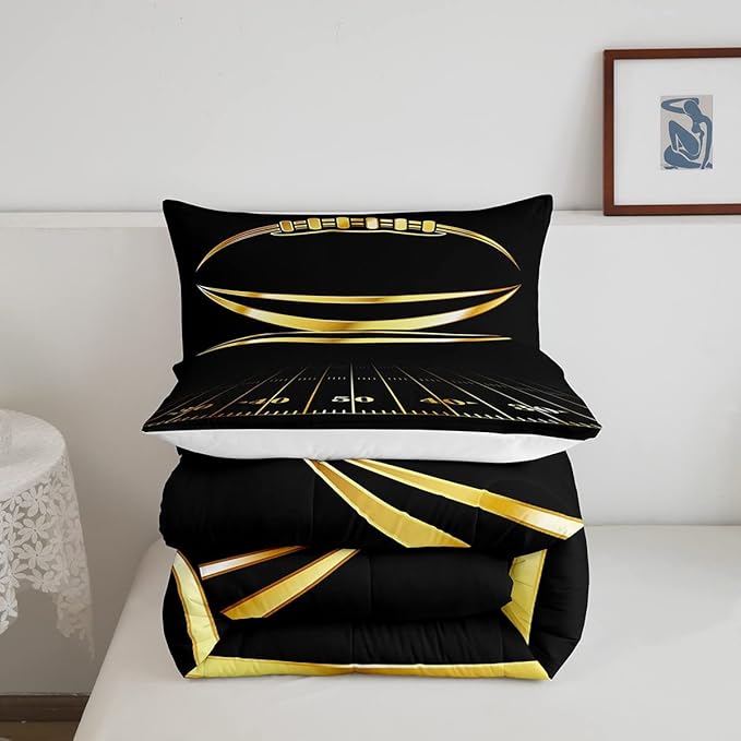 Feelyou Football Bedding Set Twin Kids Rugby Sports Comforter Set American Football Comforter Set for Boys Golden Black Room Decor Lightweight Quilt Set with 1 Pillow Case