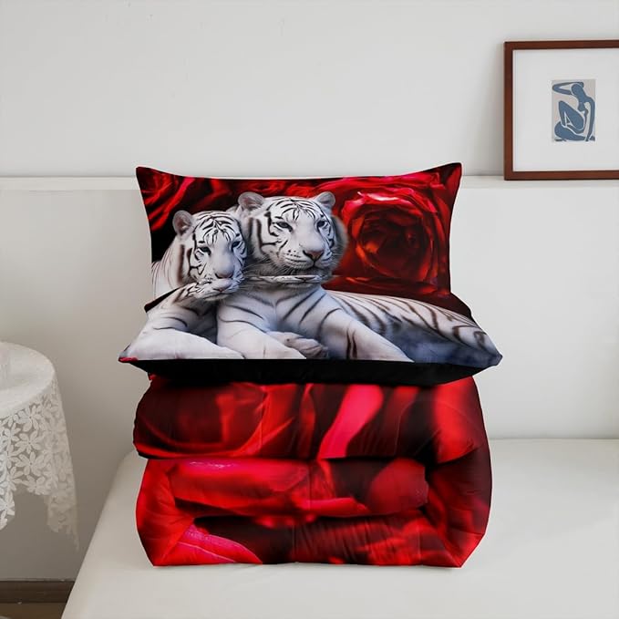 Tiger Comforter Set Twin, Red Rose Down Comforter Kids Girls Women,Red Image of Large Cat Playing with Water Cool Nature Animal Quilted Duvet Insert Gorgeous Floral Flower Bedding Comforters,Brown