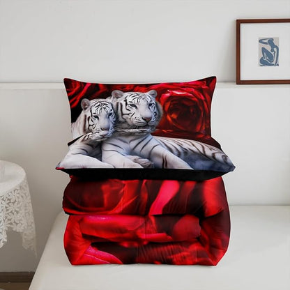 Tiger Comforter Set Full, Red Rose Down Comforter Kids Girls Women,Red Image of Large Cat Playing with Water Cool Nature Animal Quilted Duvet Insert Gorgeous Floral Flower Bedding Comforters,Brown