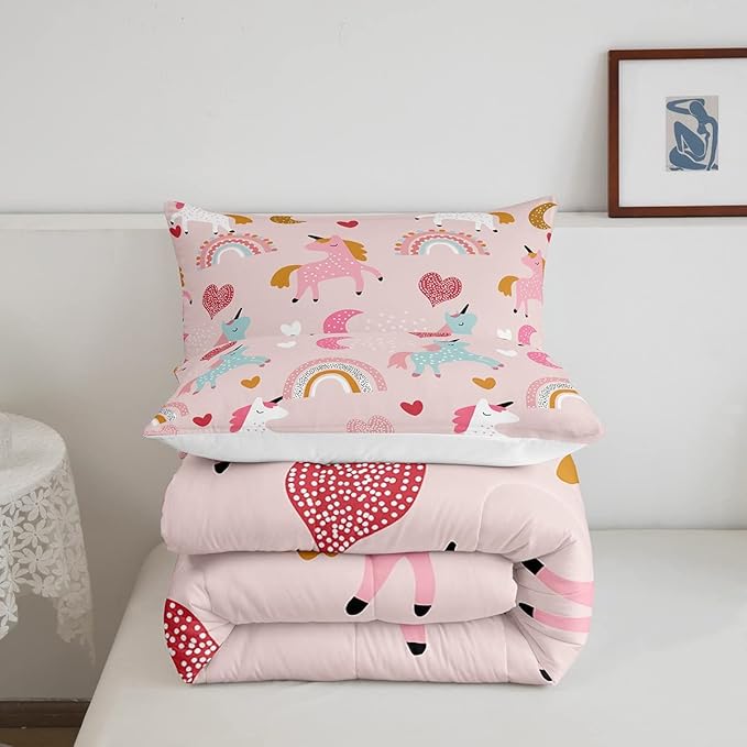Feelyou Unicorn Comforter Set Kids Cute Cartoon Unicorns Decor Comforter for Girls Pink Bedding Set Rainbow Duvet Set King Size Quilt Boys