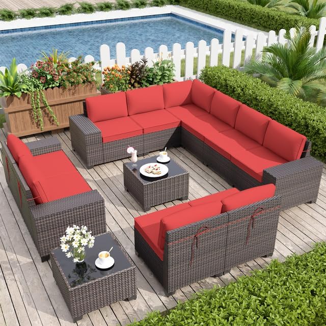 Patio Furniture Set Sofa 12-Pieces Wicker Sectional Sofa Set, Outdoor Furniture Rattan Patio Conversation Set with Thickened Cushions and Glass Coffee Tables, Red