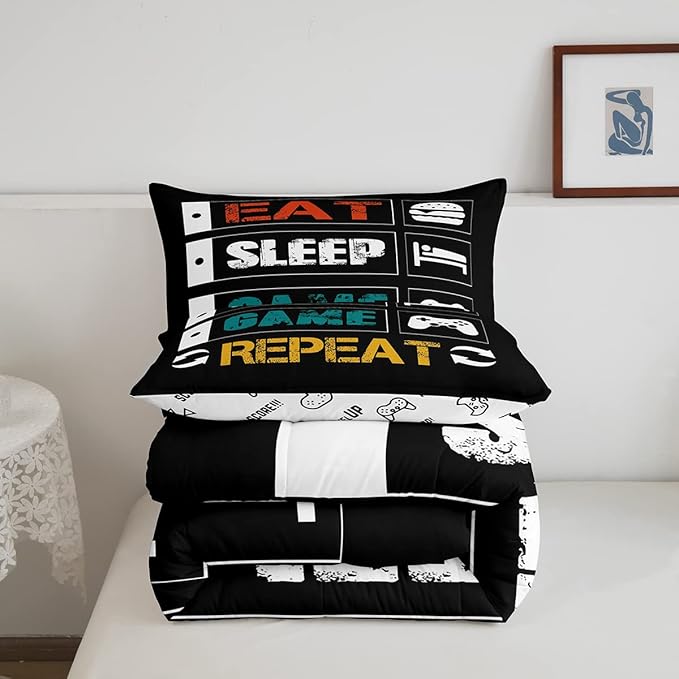 Gamer Comforter Set Full Gaming Bedding Set for Boys Teens Girls Kids Video Games Controller Comforter Funny Creative Eat Sleep Game Repeat Design Reversible Down Comforter for All Season Room Decor