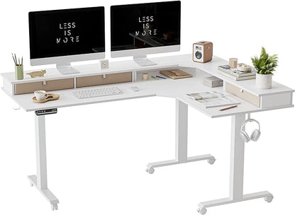 FEZIBO Triple Motor 63" L Shaped Standing Desk with 3 Drawers, Electric Standing Gaming Desk Adjustable Height, Corner Stand up Desk with Splice Board, White Frame/White Top