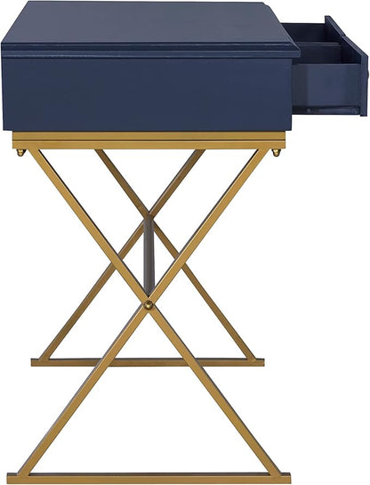Linon Campaign Desk Navy with Gold Legs, Blue