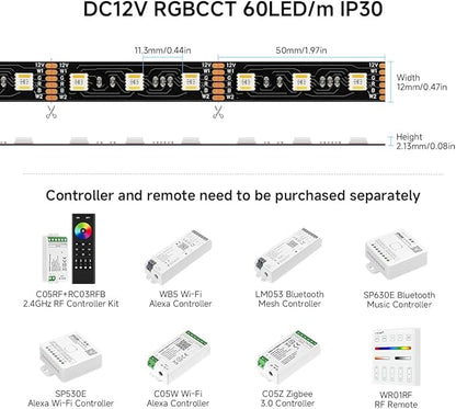 BTF-LIGHTING RGBCCT 5 Colors in 1 LED 5050SMD RGBWW RGB+Dimmable Tunable Color Temperature 2700K-6500K 16.4ft 60LEDs/m 300LEDs DC24V Multi-Colored Lights IP30 for Decoration(No Adapter or Controller)