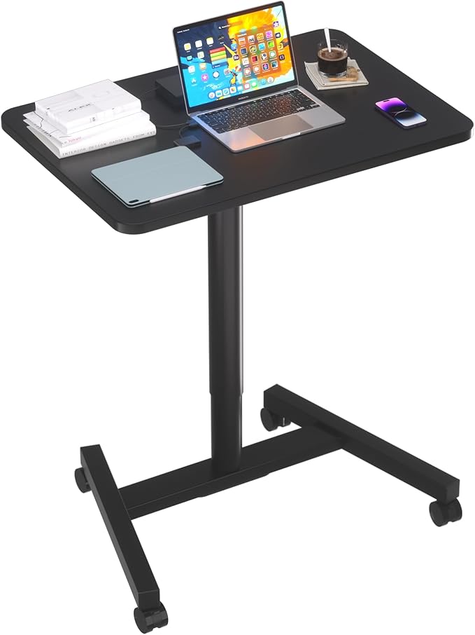 Rolling Desk with Adjustable Height, Sit-to-Stand Desk with Lockable Wheels, 28-Inch Rolling Standing Mobile Desk Cart for Home Office Classroom (Black)