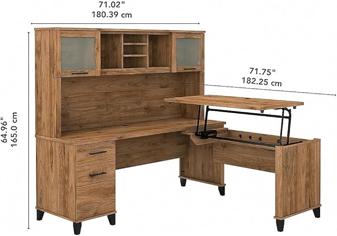 Bush Furniture Somerset 3 Position Sit L Shaped Desk with Hutch | Ergonomic Height Adjustable Standing Computer/Laptop Table for Home Office, 72W, Fresh Walnut