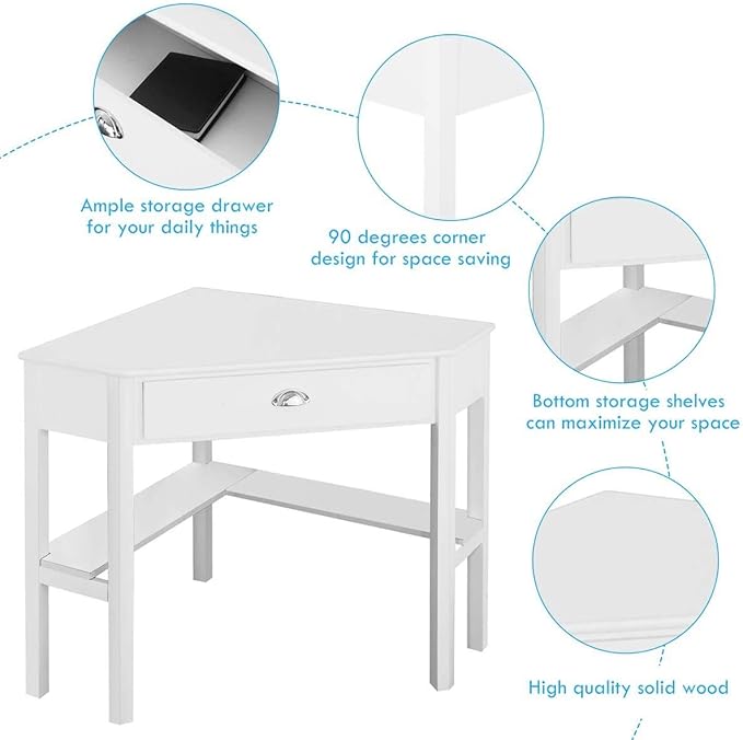 Nightcore Small, Wood Computer Desk, Compact Writing w/Drawer & Storage Shelves, Space Saving Study Workstation, Laptop PC Corner Table, White